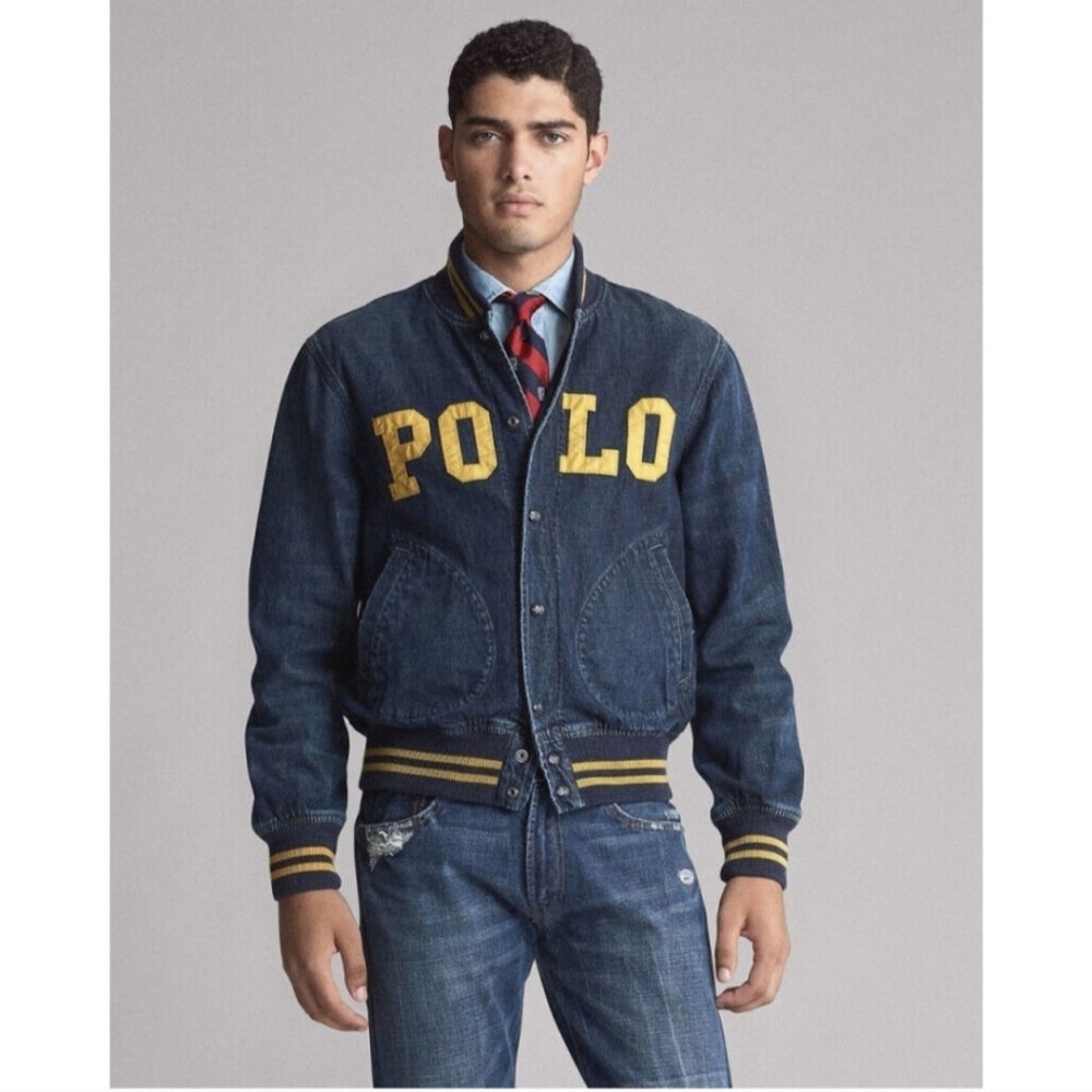 Ralph Lauren Men Denim Baseball Varsity Polo Logo Snap Front Jacket Size XXL - Picture 1 of 11